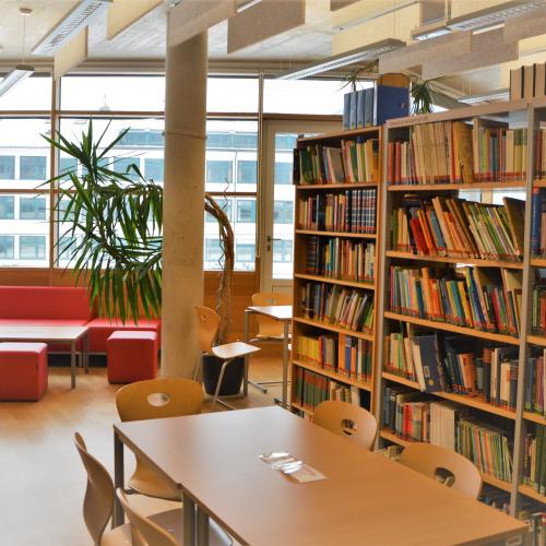 Bibliothek rotes Sofa Bücherregale
