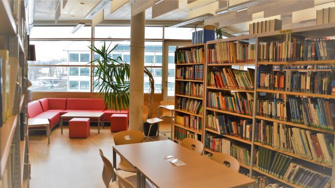 Bibliothek rotes Sofa Bücherregale